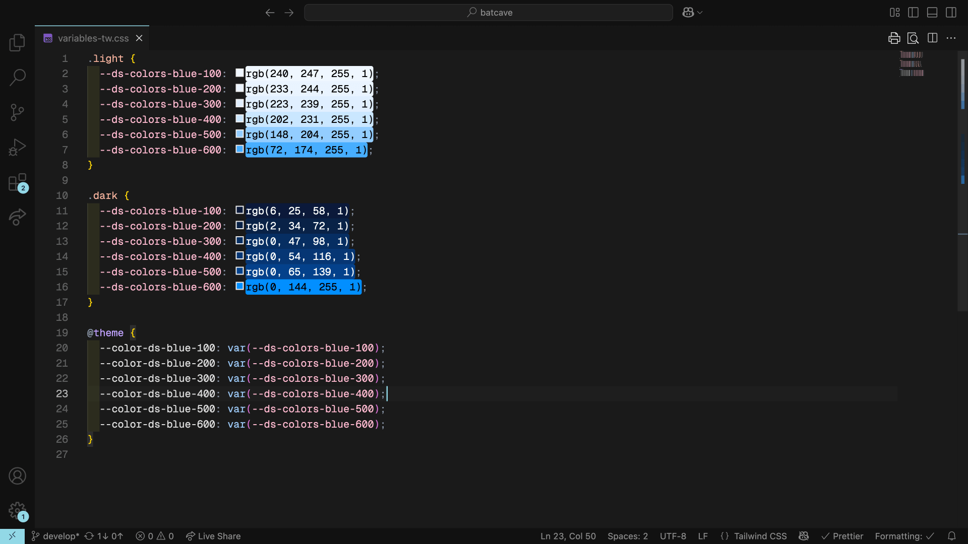 Generated TailwindCSS CSS variables with light and dark modes